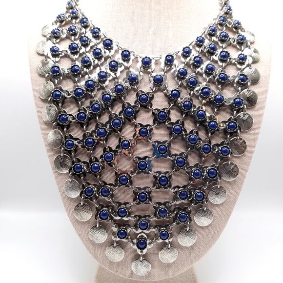 Chico's Blue Cabochon Bib Necklace, New With Tags, Silver Tone, 24" - Picture 12 of 12